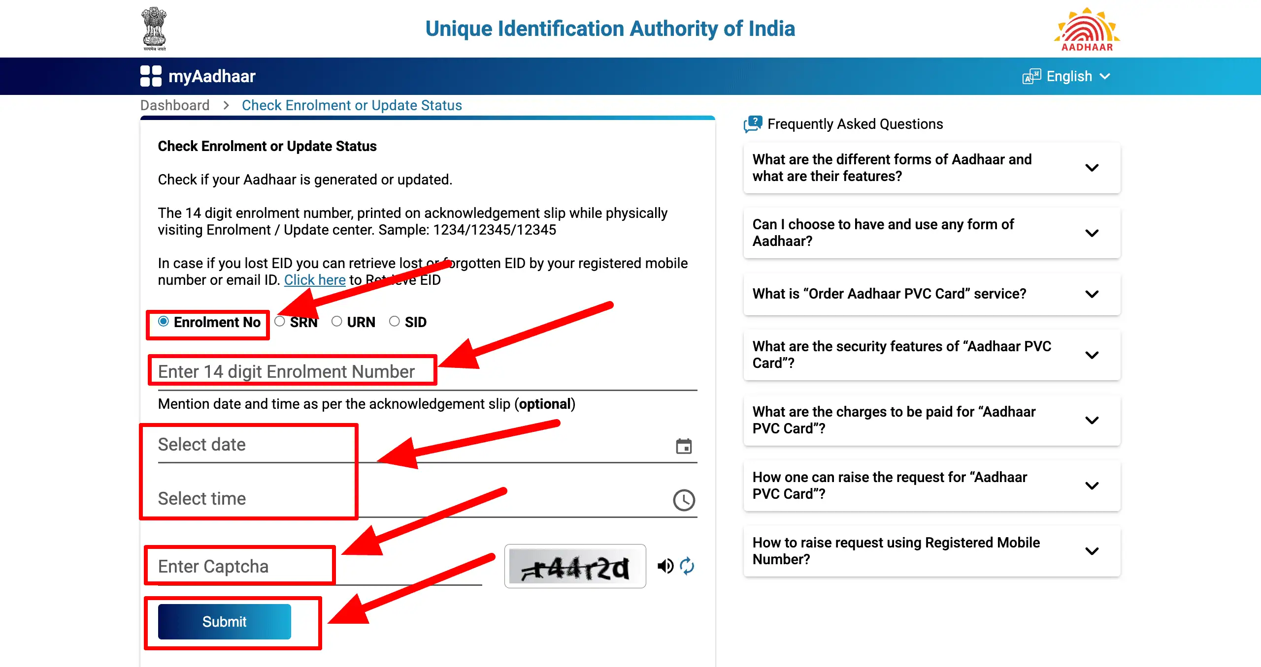 check Aadhaar application status