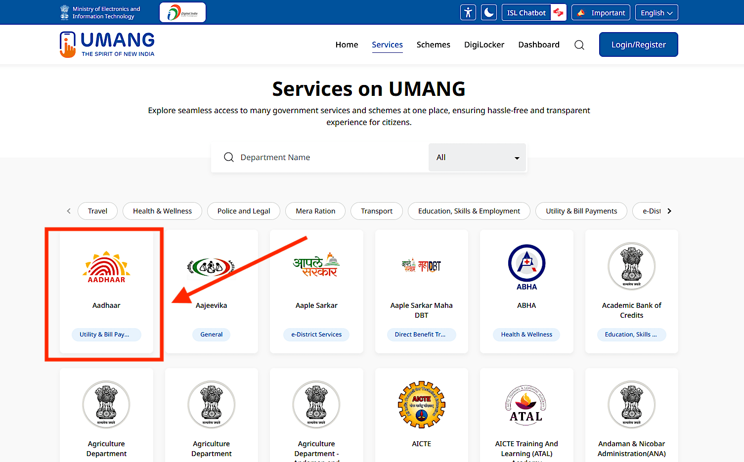 Select Aadhar Services on umang portal